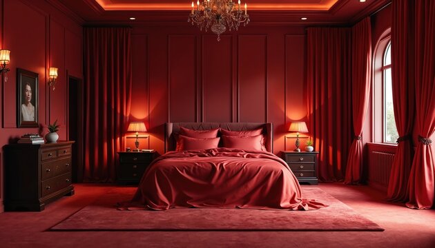 Opulent red bedroom suite features large plush bed with satin sheets. Richly draped curtains, ornate chandelier create romantic, luxurious atmosphere. Elegant room design ideal for relaxation,