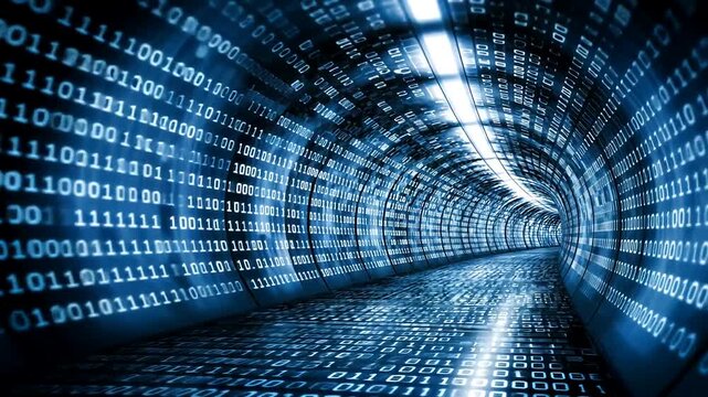 Futuristic digital tunnel with binary code and data stream.