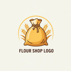Cute cartoon logo design of a sack of flour with wheat ears, perfect for bakery, baking, or organic food businesses.