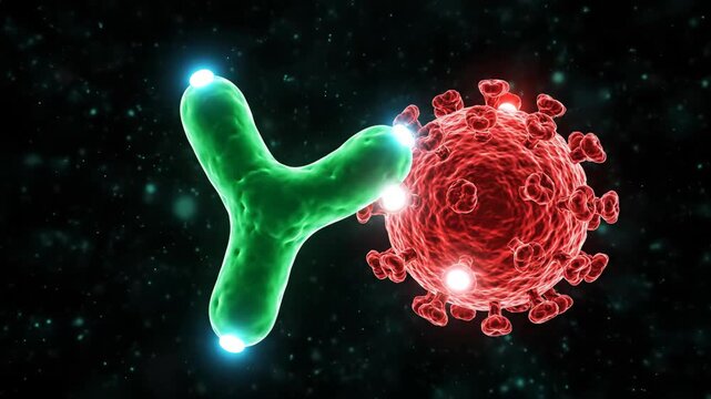 3D Animation: Antibody Protein Intercepting Red Virus Particle with Glowing Binding Sites