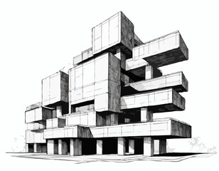 Black and white ink sketch of a modern Brutalist architectural building with interlocking cubic forms. © mjonb 