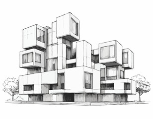 Black and white ink sketch of a modern Brutalist architectural building with interlocking cubic forms. © mjonb 