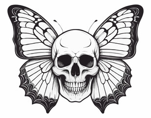 Monochrome illustration of a human skull with large butterfly wings in a tattoo art style.