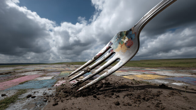 Surreale Szene: Eine riesige Gabel pfl&uuml;gt ein Feld unter dramatischem Himmel. Symbolische Bildsprache f&uuml;r Landwirtschaft, Ern&auml;hrung, Mensch-Natur-Eingriff und Transformation.