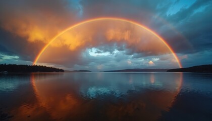 Fototapeta premium Double rainbow arches over calm lake at sunset. Orange sky reflects on water surface. Dark clouds contrast with bright light. Peaceful natural landscape.