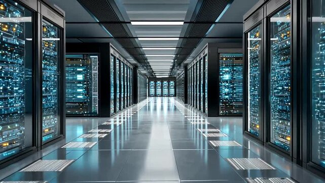 Modern data center server room with rows of computer racks and bright LED lights.