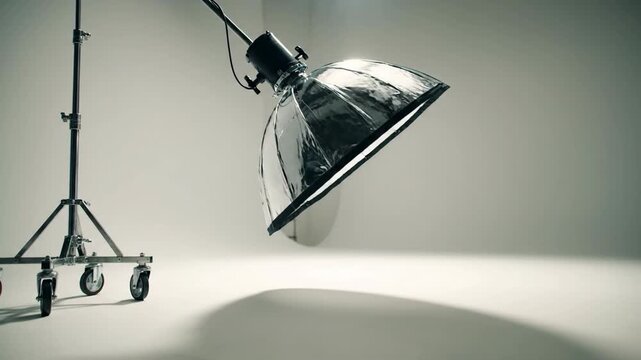 Studio photography light with softbox reflector and stand on white background.