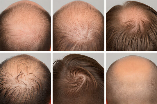 Hair loss on top of head in various stages and patterns on human scalp