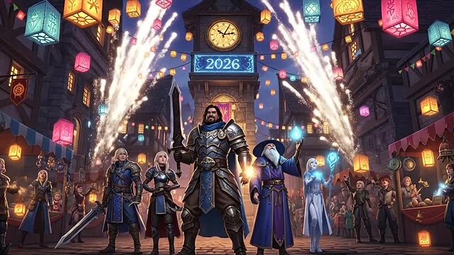 Diverse fantasy adventurers celebrating with magical fireworks and colorful lanterns in a vibrant, festive town square at night.