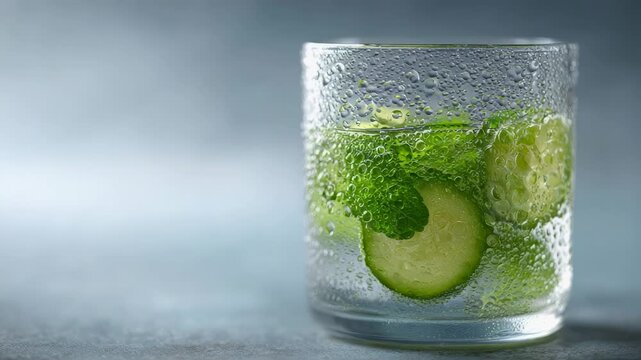 Cucumber mint infused water condensing on glass surface, representing hydrating summer detox beverage promoting wellness and natural refreshment