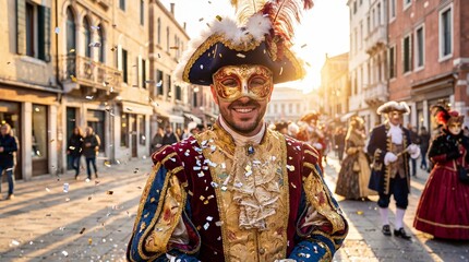 Naklejka premium Portrait of man in Venetian carnival costume during Mardi Gras street celebration. Festive event in old city with confetti.