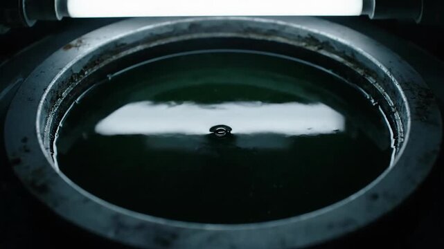 Dark liquid with bubbles in a metal container under dim light, science experiment.
