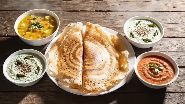 Spiral dosa with various chutneys and sambar on wooden table top view