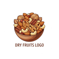 Cartoon illustration of a wooden bowl filled with mixed nuts like walnuts, almonds, cashews, and pecans, perfect for a logo design.