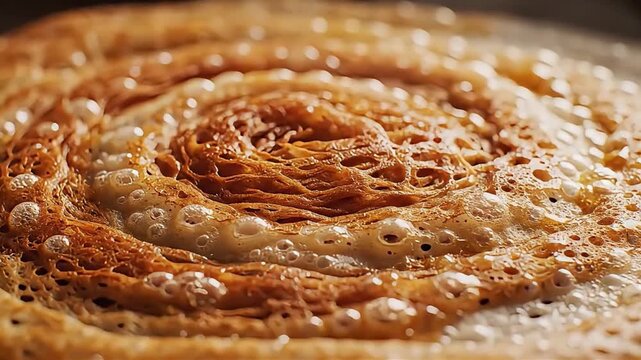 A spiral dosa crepe cooking in a pan close-up view