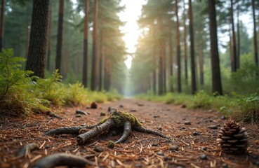 Fototapeta premium Forest path close-up with mossy roots and pinecones on ground. Tall trees line dirt road. Soft light filters through canopy. Nature background with shallow depth.