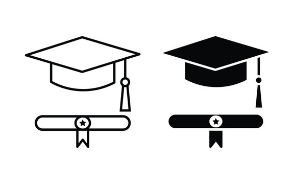 Graduation hat with diploma icon set. College, school and university graduation ceremony concept. Student hat with academic degree certificate vector illustration.
