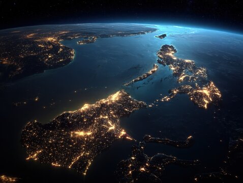 Detailed 3D Rendered Earth View from Space at Night Showing Glowing City Lights Across Southeast Asia Islands and Philippines with Realistic Atmosphere Horizon and Vast Dark Starry Galaxy Background