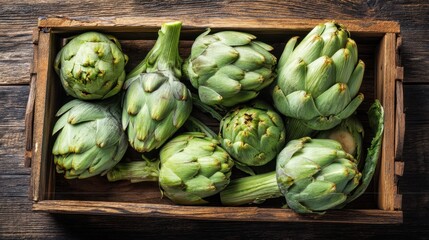 Fototapeta premium Fresh green artichokes in wooden crate on rustic wooden table surface.