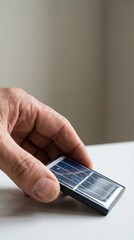 Close up of a mature hand holding a small portable solar panel charger on a clean desk, showcasing compact renewable energy technology for charging mobile devices and eco power