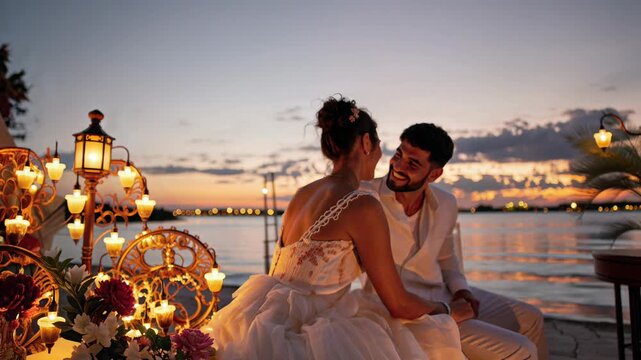 Champagne toast at sunset with bokeh lights and romantic couple blurred in background, celebration and wedding concept with copy space.
