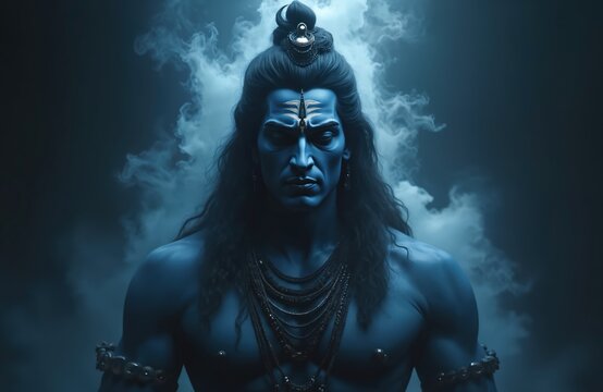 Blue skinned man with long dark hair meditates in smoky atmosphere. He wears necklaces and armbands. His face shows intense focus. He is in a mystical spiritual setting.