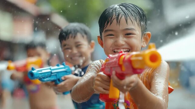 Joyful Asian People Celebrating Songkran Festival with Colorful Water Guns, Splashes, and Laughter, Marking Thailand&rsquo;s Traditional New Year and a Cherished Buddhist Celebration.