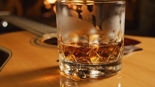 A captivating close-up shot features an elegant, cut-glass tumbler filled with a rich, amber-colored beverage and melting ice cubes, resting gently on the warm, polished wood of an acoustic musical in