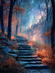 Fototapeta premium Mystical stone stairway ascending through an autumn forest illuminated by starry cosmic skies and glowing foliage at twilight hours