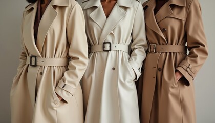 Three women stand in neutral toned trench coats. They wear belted neutral coats in cream beige and tan colors. Fashionable outerwear displayed in studio. Elegant clothing.