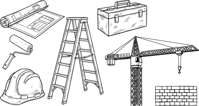 construction tools ladder hard hat blueprint toolbox brick wall roller crane tape measure technical drawing equipments