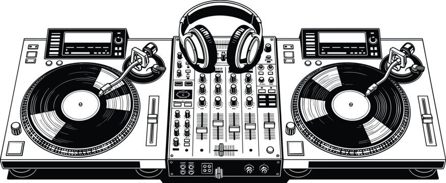 DJ Turntable Setup Silhouette with Mixer, Headphones, Vinyl Records, Audio Equipment, Music Technology, Sound Gear, Entertainment, Club, Studio, Performance