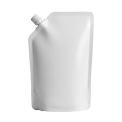 A white plastic pouch with a spout, standing upright isolated on transparent background