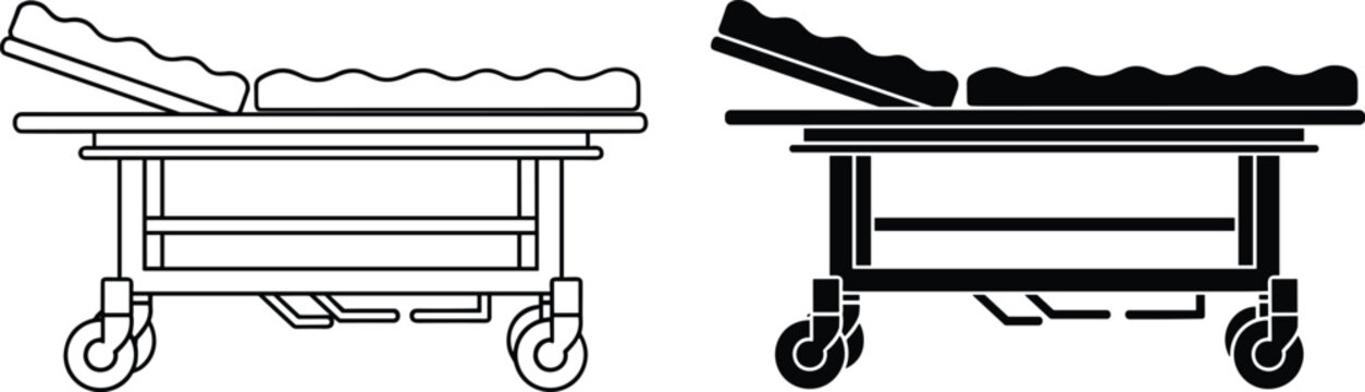 Hospital stretcher vector illustration with adjustable mattress, medical transport equipment, emergency healthcare design in monochrome style for clinical use.