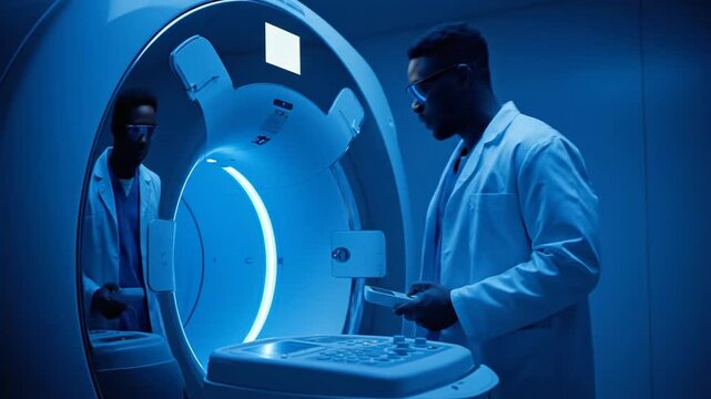 African American man operating MRI scanner in modern hospital. Healthcare technology.