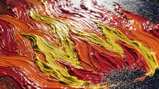 A dynamic close-up shot captures an abstract arrangement of thick, textured paint strokes, showcasing a vibrant interplay of fiery red, intense orange, and brilliant yellow hues. The impasto technique