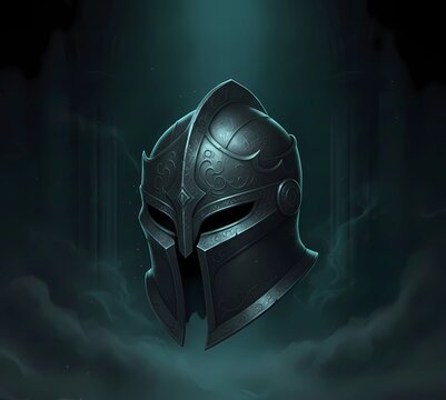 Medieval Knight's  helmet with teal background in gothic fantasy style 