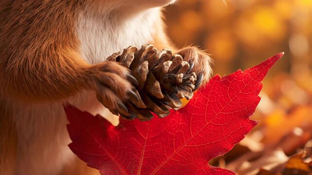 Adorable squirrel holding pine cone and red autumn leaf in fall nature scene.