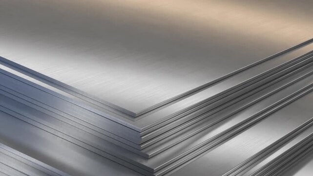 Steel sheets. Warehouse of rolled metal product, close-up. Steel sheets arranged in layers showcasing their shiny surface and smooth texture in a well-lit workshop space. 3d 