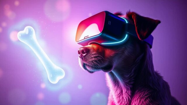 Dog wearing virtual reality headset looking at glowing holographic bone on colorful abstract background with neon lights
