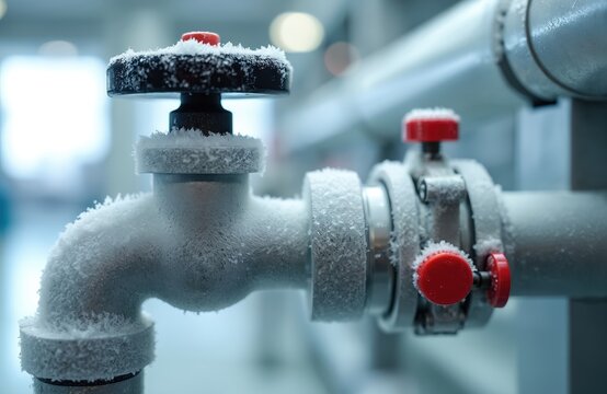 Frozen pipes with red valve handles in industrial facility. Metal tubing covered in frost shows cold temperature system. Scientific equipment in laboratory setting.