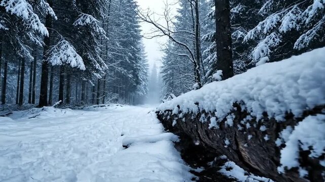 A serene winter landscape unfolds, revealing a snow-covered forest path winding through towering evergreen trees blanketed in pristine white snow. Thick layers of fresh snow adorn the boughs of the pi