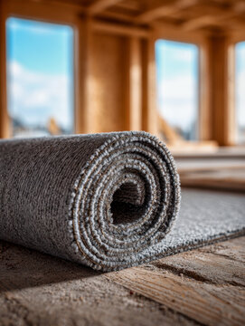 Rolled gray carpet resting on wooden floor inside a construction site with bright windows and unfinished interior walls in natural light