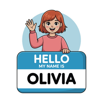 A cheerful cartoon girl with red hair and a pink shirt waves behind a blue and white name tag that reads Hello My Name Is Olivia.