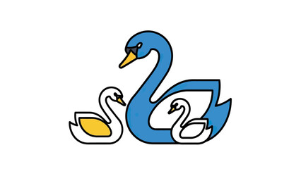 Fototapeta premium A cartoon illustration features a family of swans one large, two small, on white
