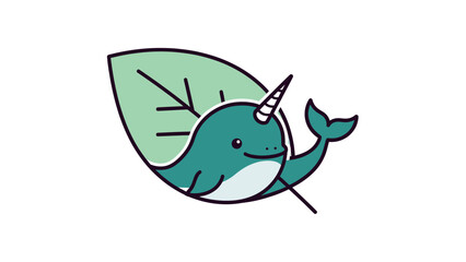 A whimsical cartoon narwhal with a leaf. It is teal, white, and black with a grin © Tawang