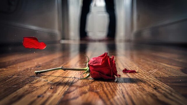 Red rose lying on a hardwood floor with a falling petal. Heartbreak and breakup concept with a blurred person in the background. Sadness and failed romance. Cinematic low angle shot