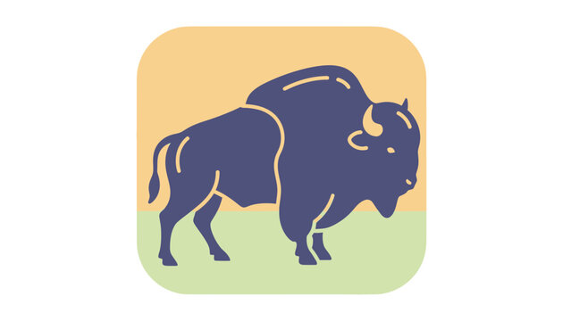 Silhouette of a bison in a rounded rectangle. Light green & orange background
