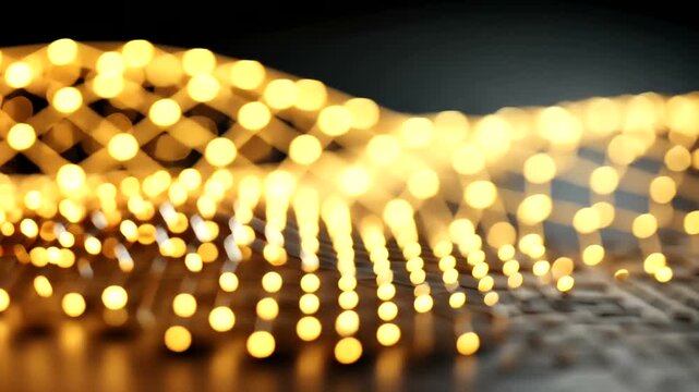 Golden grid pattern with glowing dots on a dark background.
