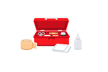 First aid kit located on a plain background with various supplies for treating minor injuries